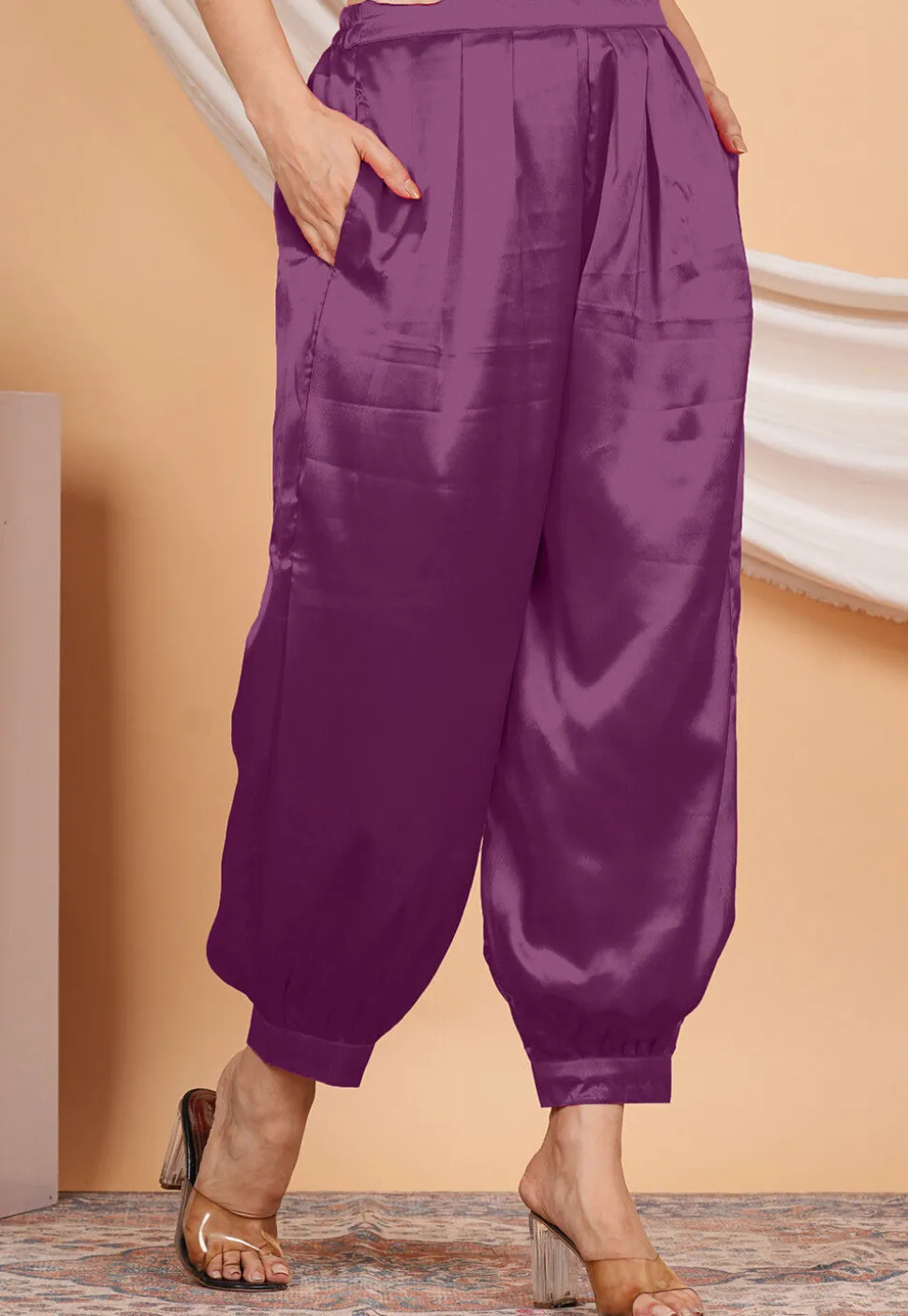 Solid Color Satin Harem Pant in Purple