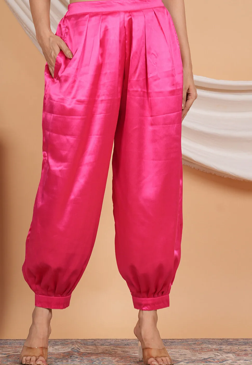 Solid Color Satin Harem Pant in Fuchsia