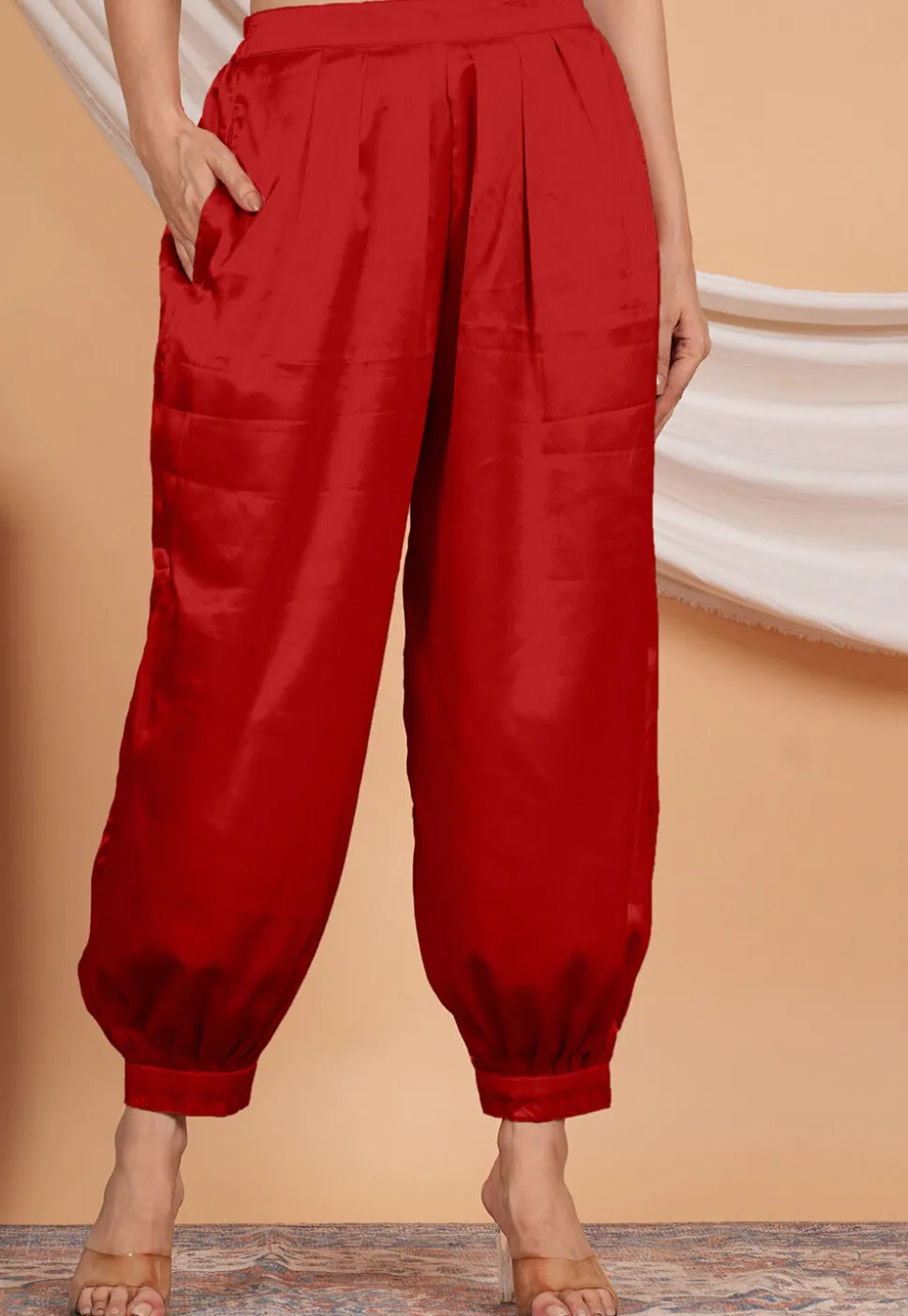 Solid Color Satin Harem Pant in Red