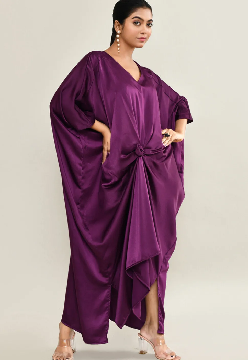 Solid Color Satin Kaftan Style Gown in Violet
