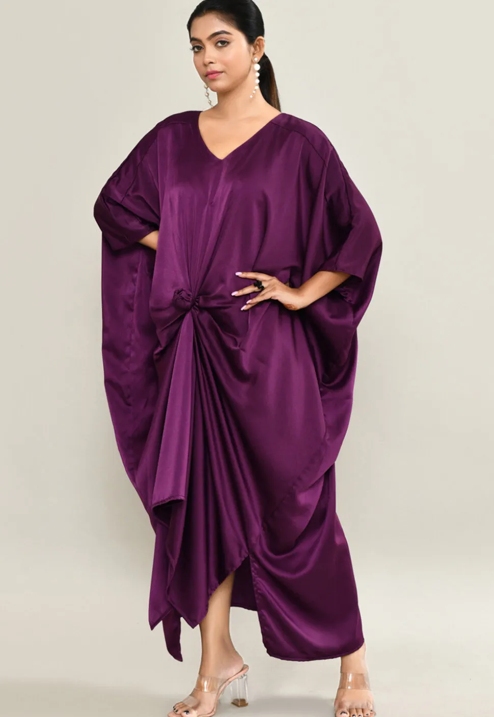Solid Color Satin Kaftan Style Gown in Violet