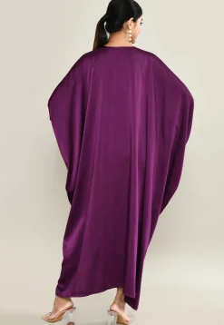 Solid Color Satin Kaftan Style Gown in Violet