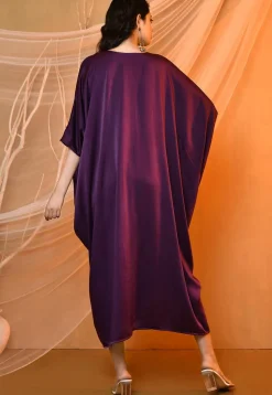 Solid Color Satin Kaftan Style Dress in Purple