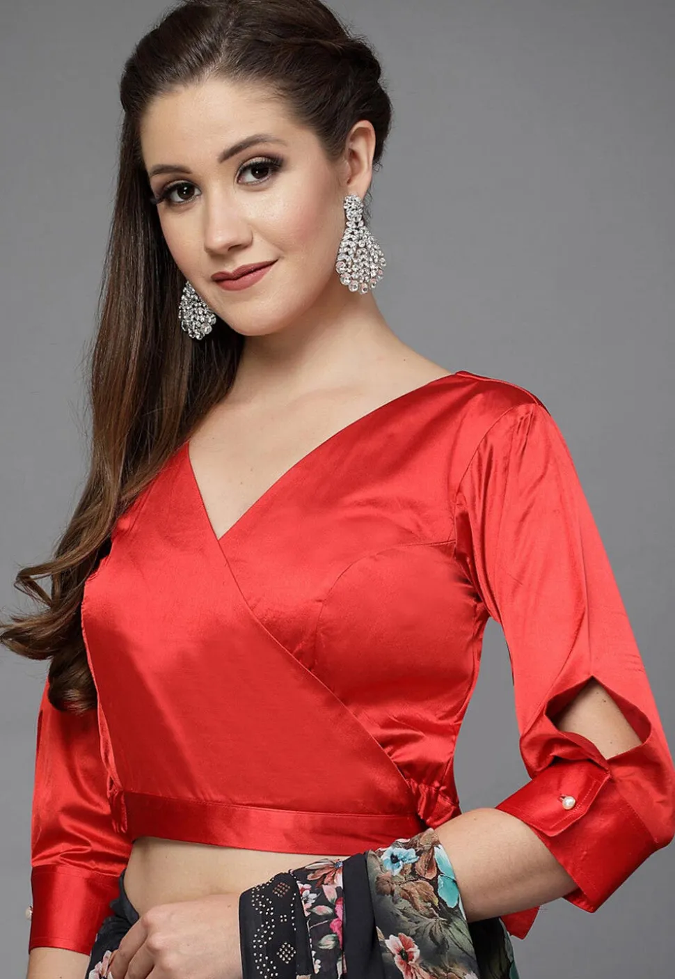 Solid Color Satin Overlapping Blouse in Red