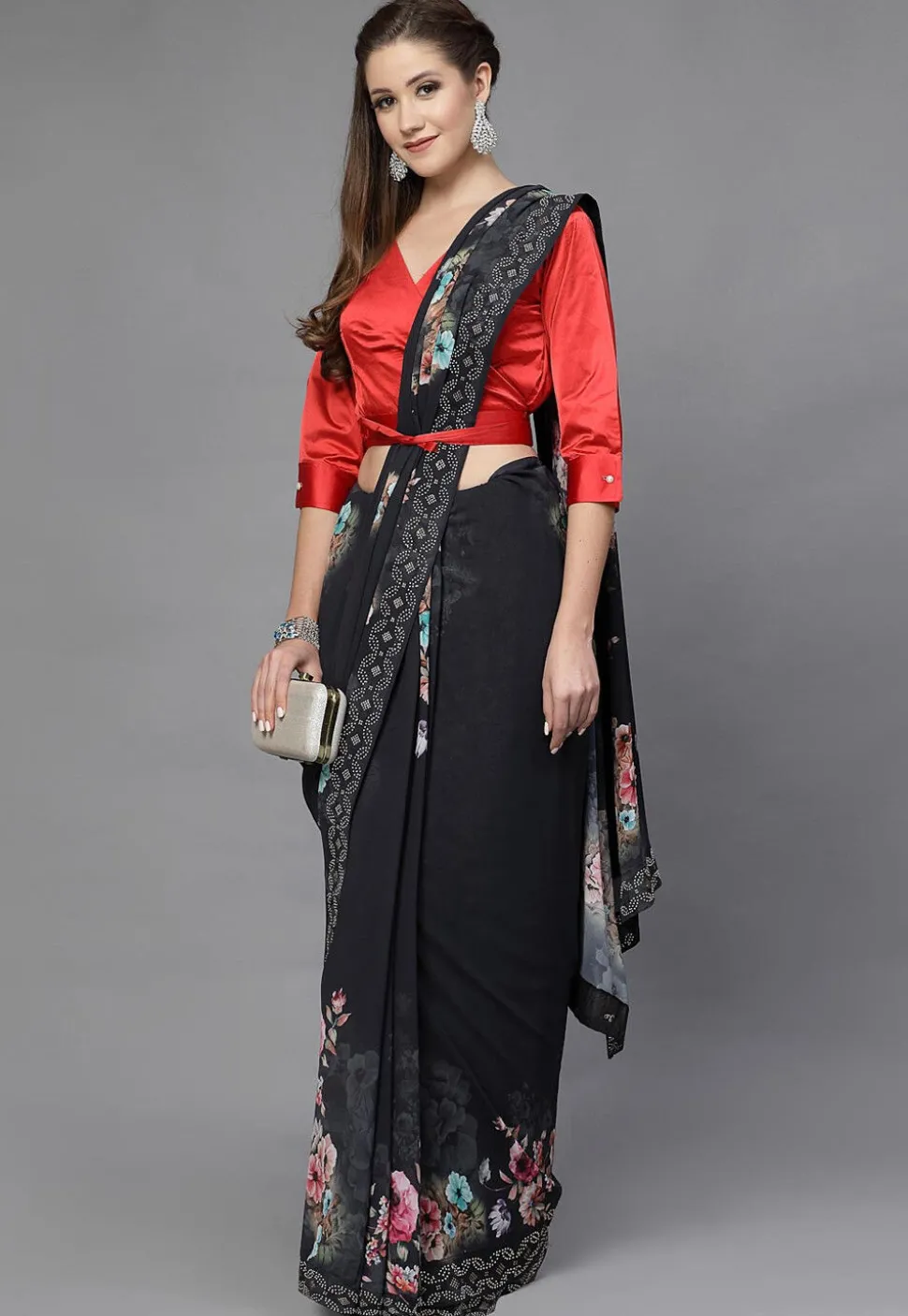 Solid Color Satin Overlapping Blouse in Red