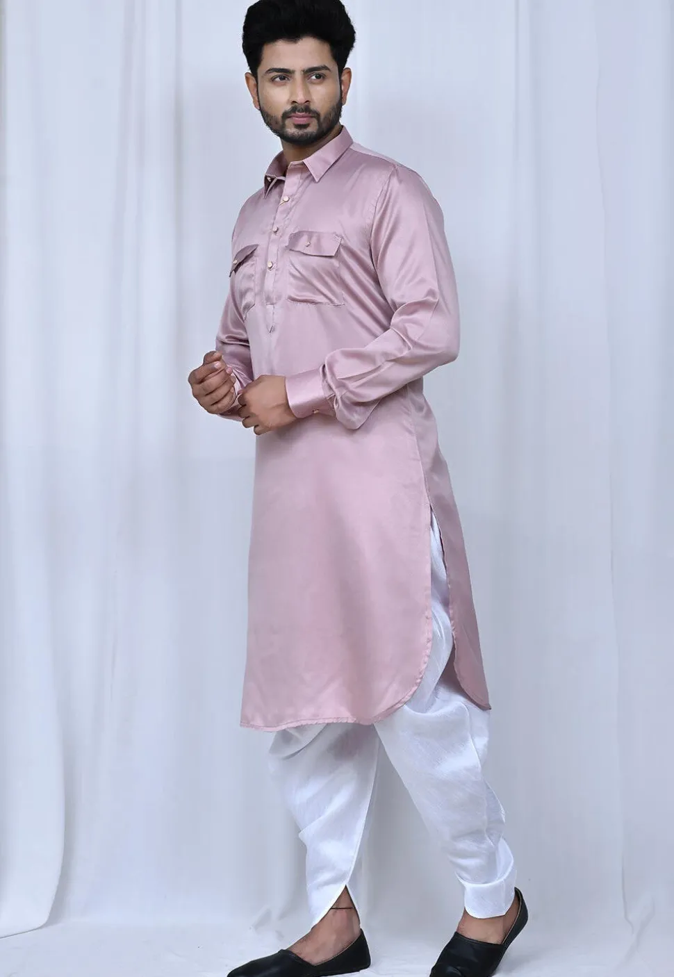 Solid Color Satin Paithani Suit in Pink