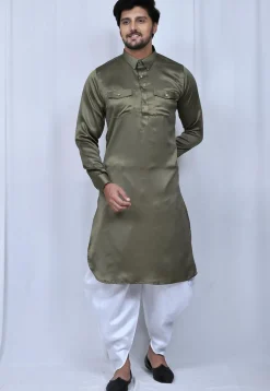 Solid Color Satin Paithani Suit in Dusty Green