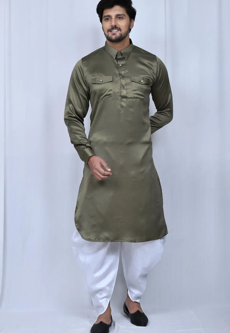 Solid Color Satin Paithani Suit in Dusty Green