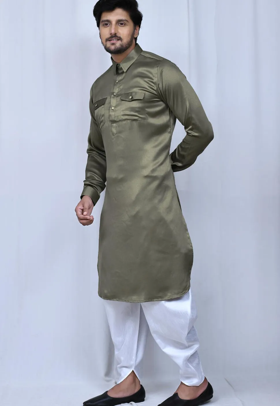 Solid Color Satin Paithani Suit in Dusty Green