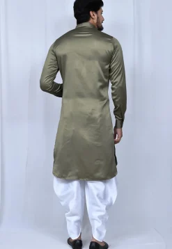Solid Color Satin Paithani Suit in Dusty Green