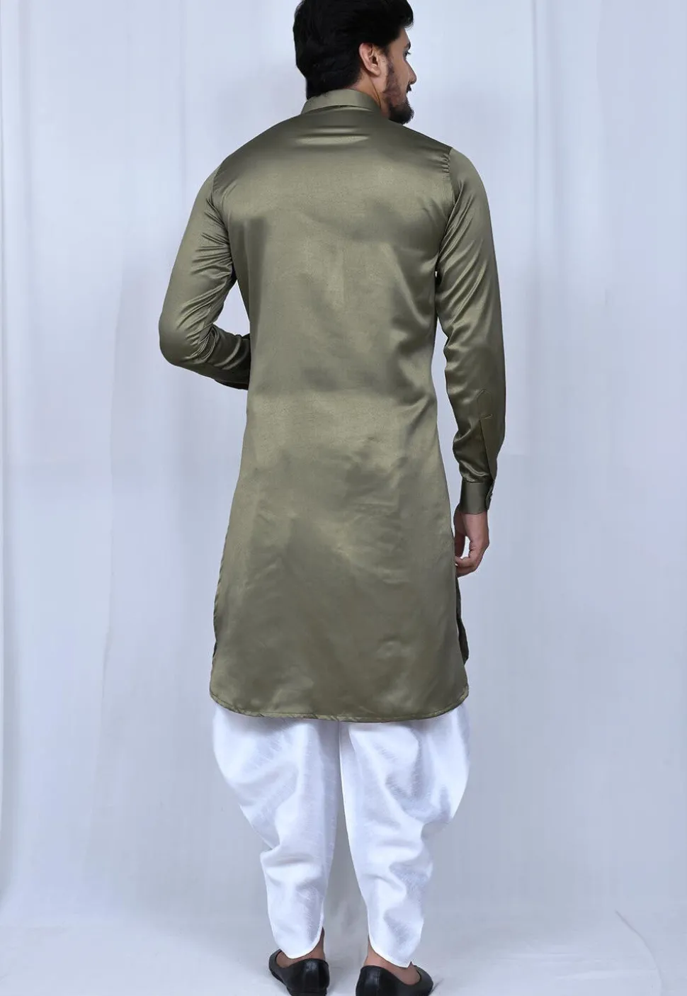Solid Color Satin Paithani Suit in Dusty Green