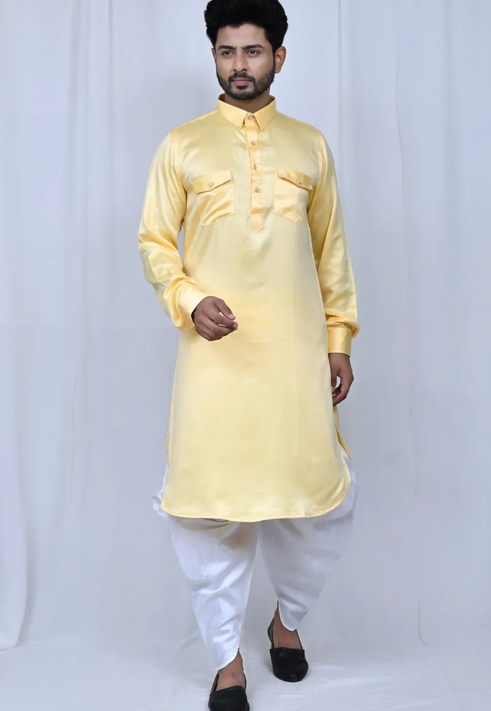 Solid Color Satin Paithani Suit in Yellow