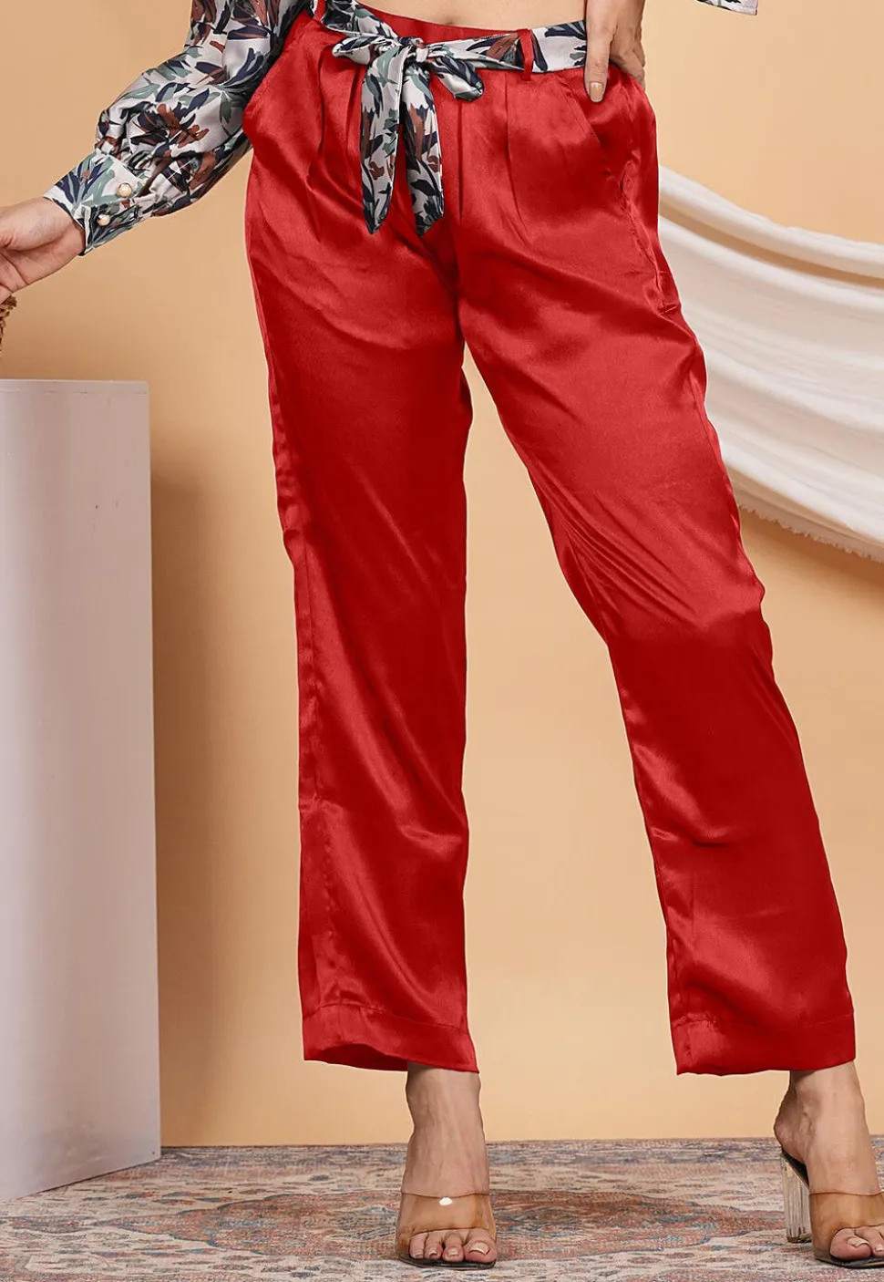 Solid Color Satin Pant in Red