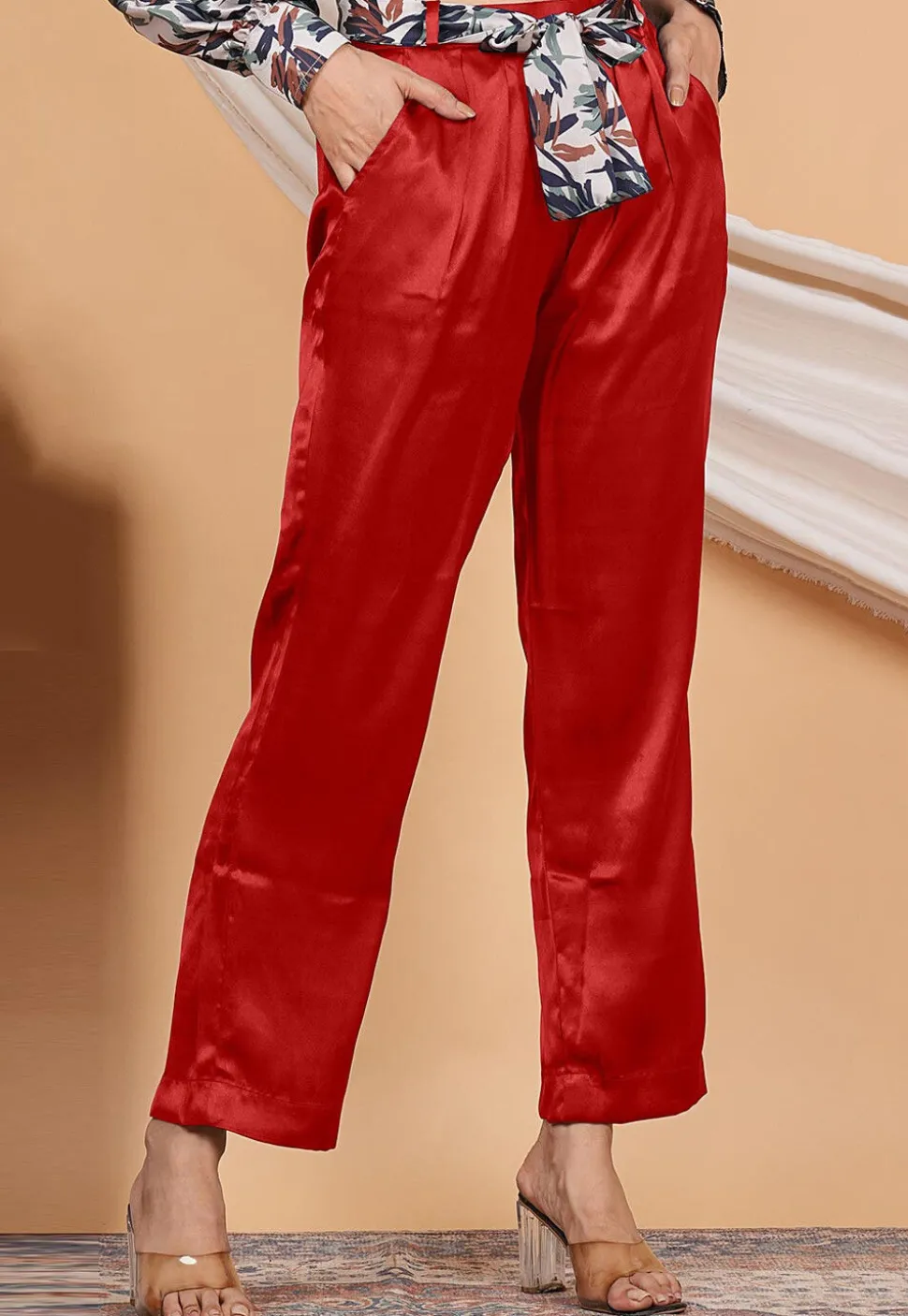 Solid Color Satin Pant in Red