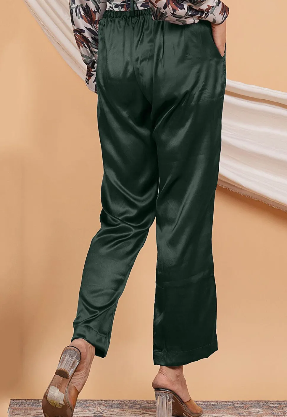 Solid Color Satin Pant in Dark Green