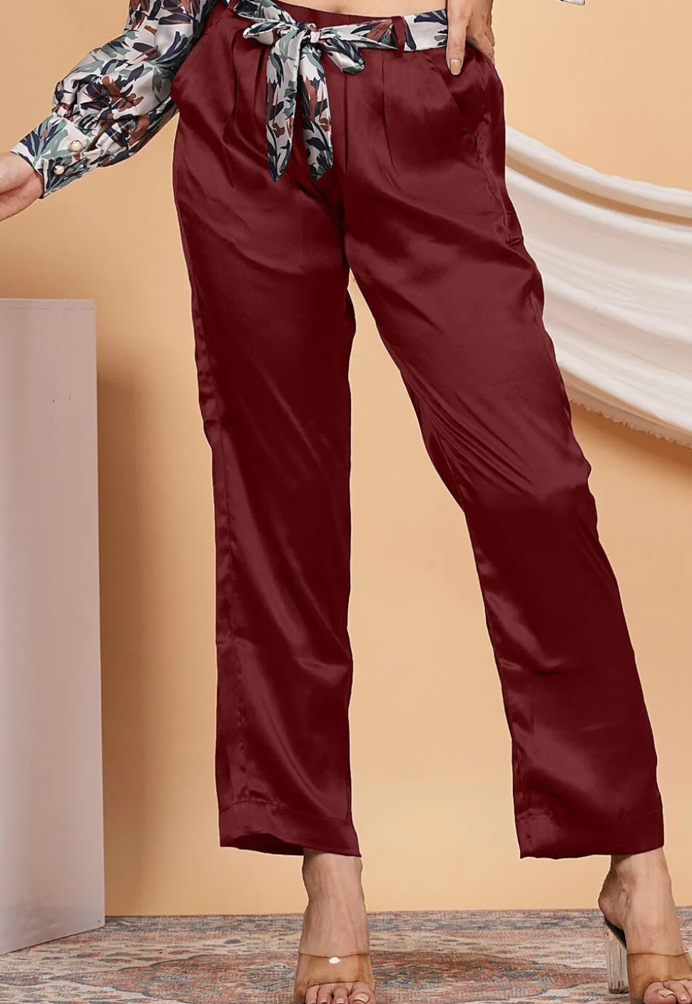 Solid Color Satin Pant in Maroon