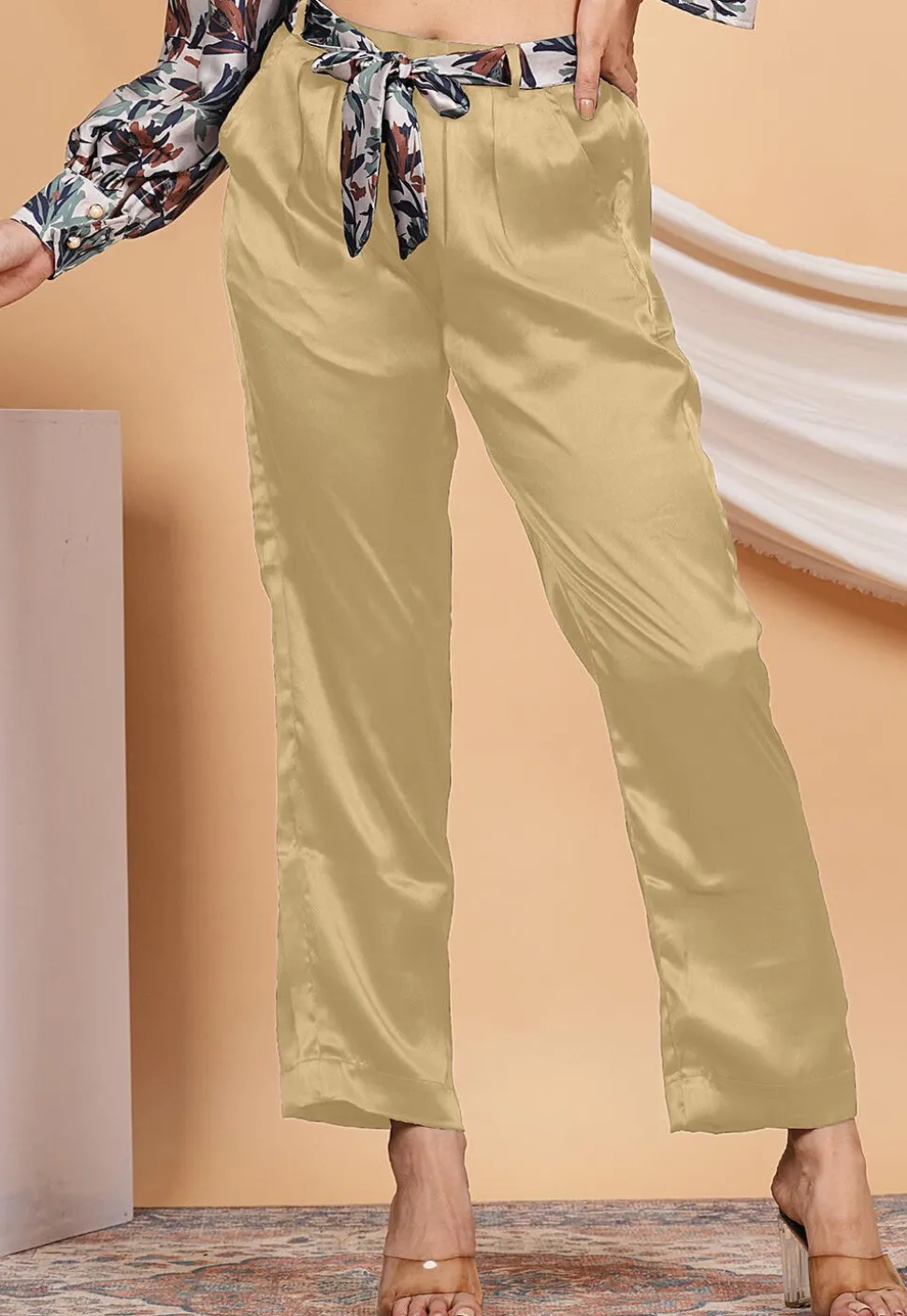 Solid Color Satin Pant in Beige