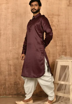 Solid Color Satin Pathani Suit in Maroon
