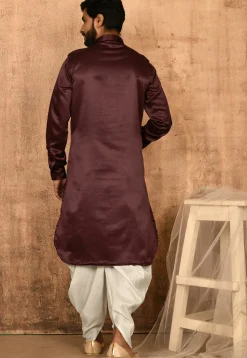 Solid Color Satin Pathani Suit in Maroon