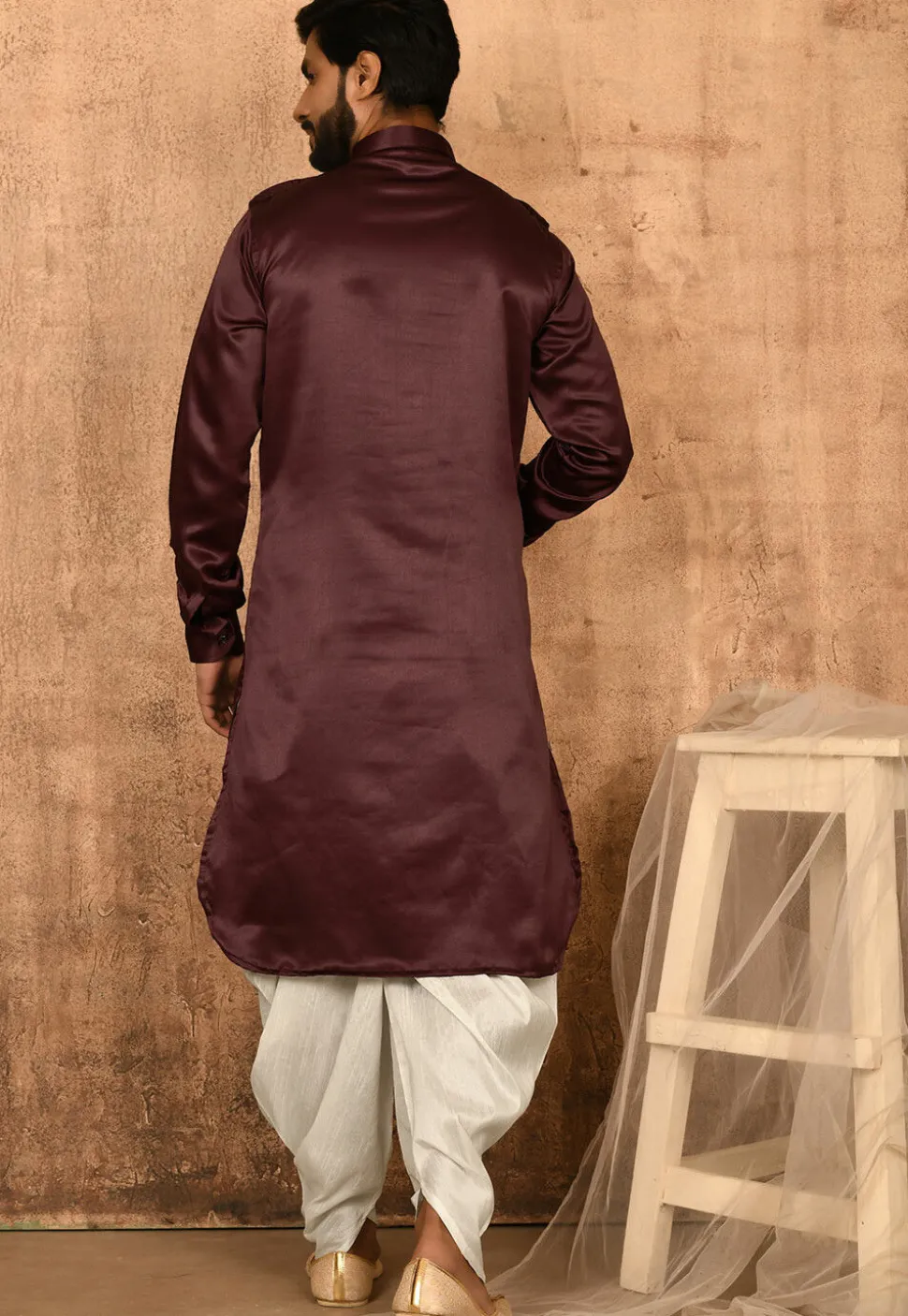 Solid Color Satin Pathani Suit in Maroon