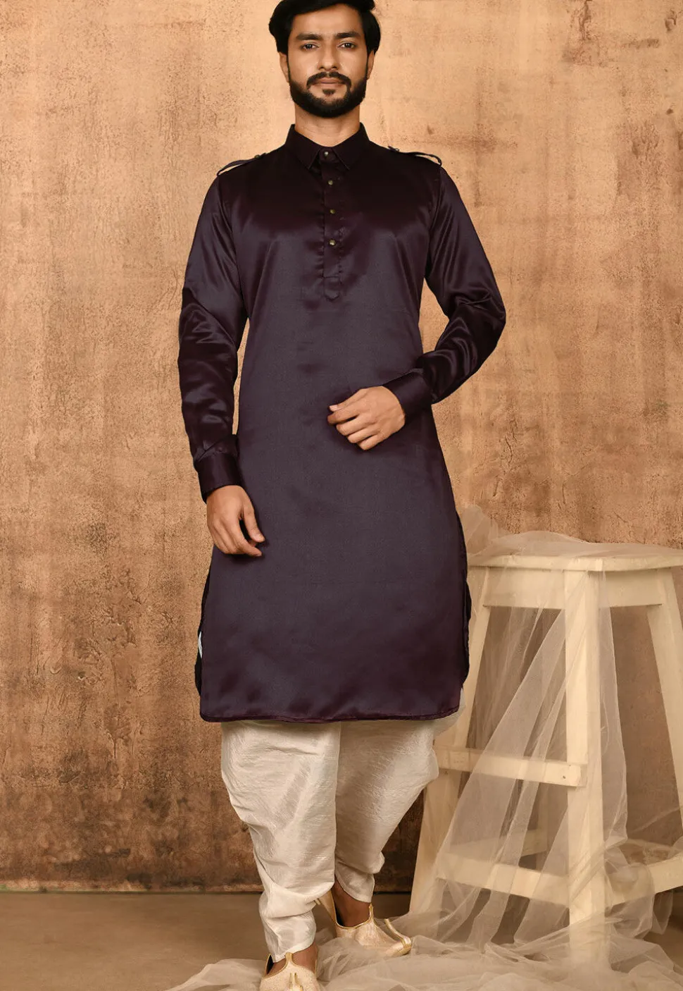 Solid Color Satin Pathani Suit in Wine
