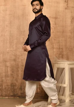 Solid Color Satin Pathani Suit in Wine