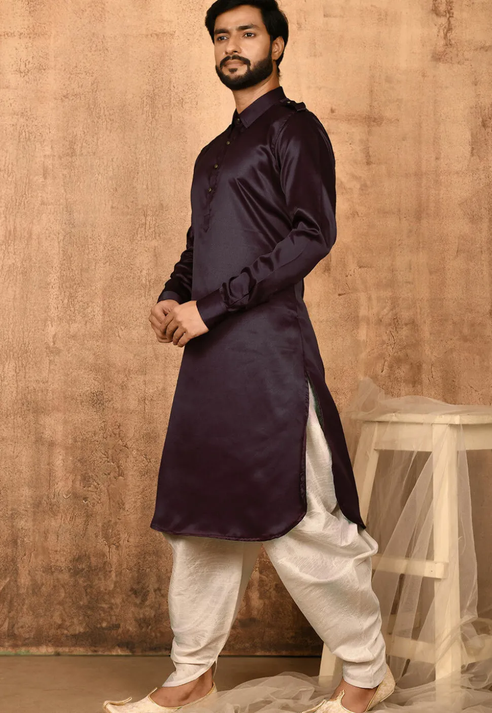 Solid Color Satin Pathani Suit in Wine