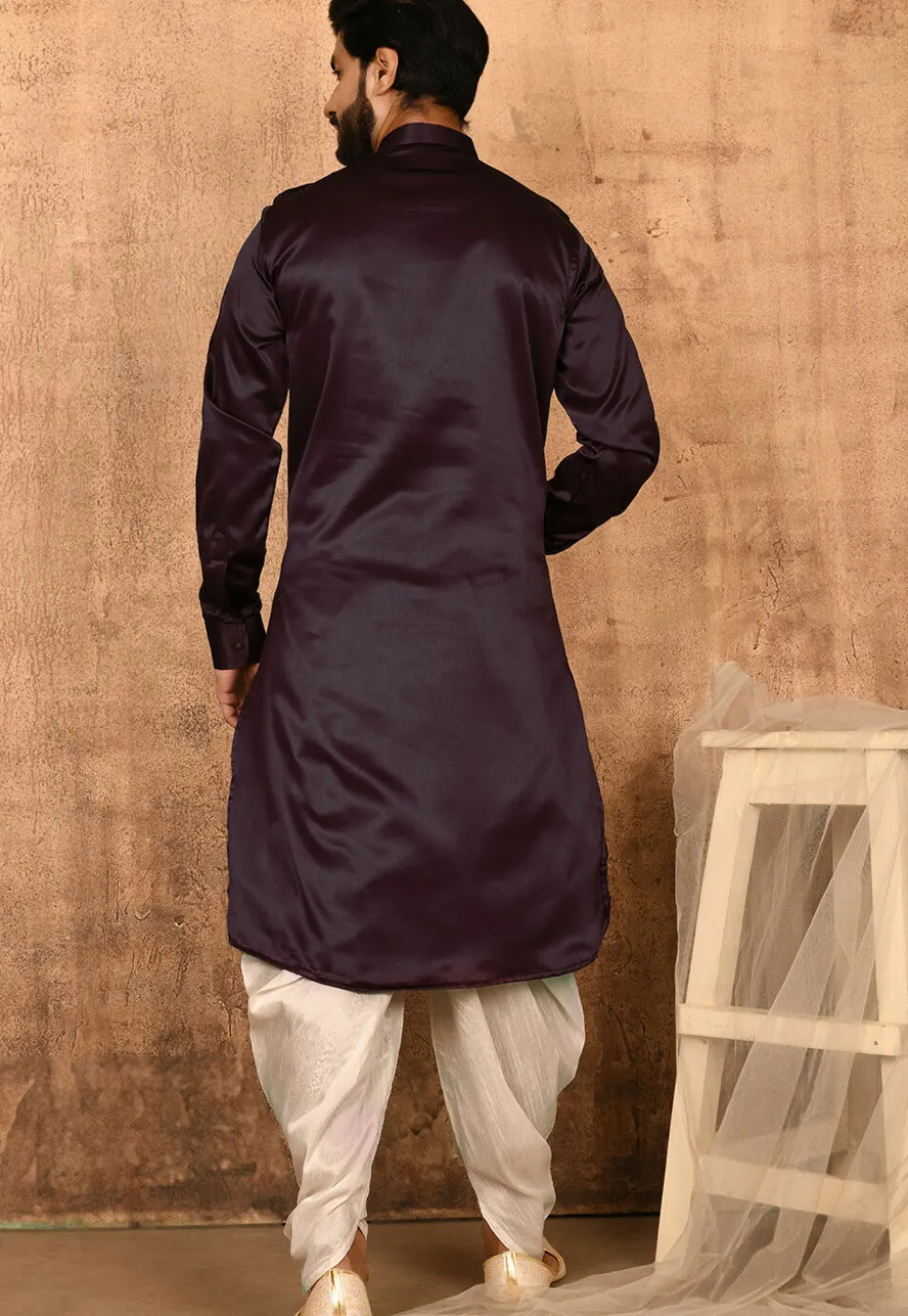 Solid Color Satin Pathani Suit in Wine
