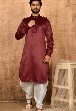 Solid Color Satin Pathani Suit in Maroon