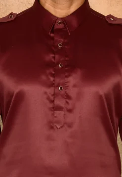 Solid Color Satin Pathani Suit in Maroon