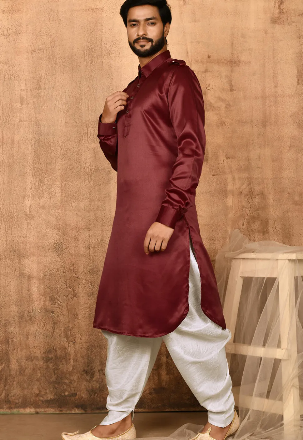 Solid Color Satin Pathani Suit in Maroon