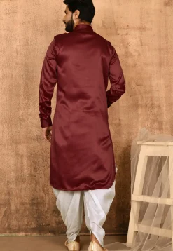 Solid Color Satin Pathani Suit in Maroon