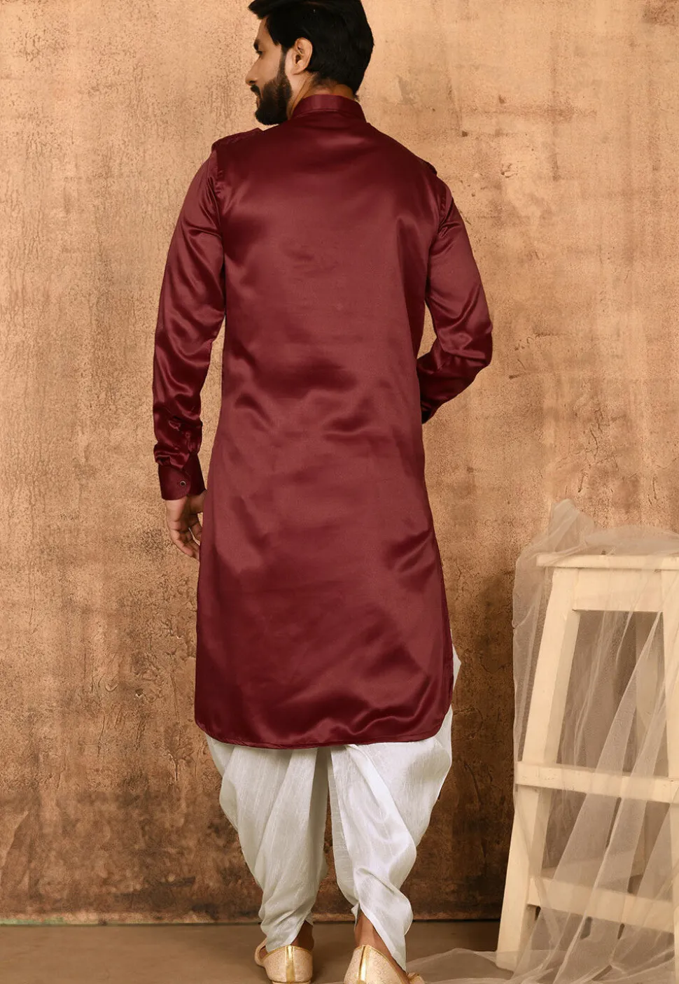 Solid Color Satin Pathani Suit in Maroon