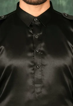Solid Color Satin Pathani Suit in Black