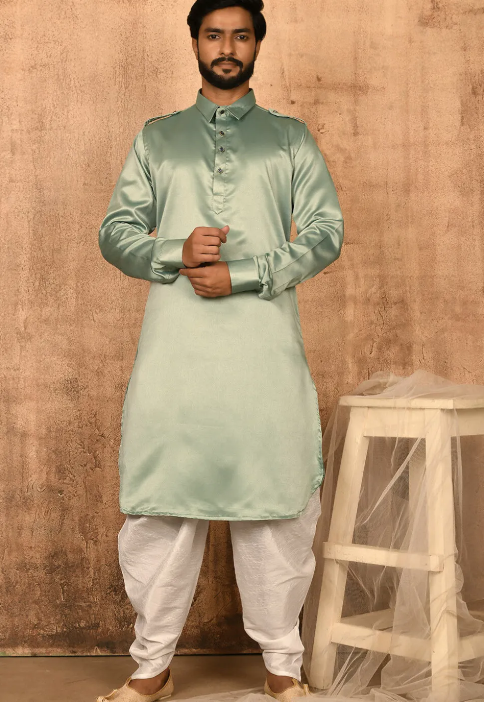 Solid Color Satin Pathani Suit in Pastel Green