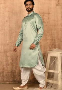 Solid Color Satin Pathani Suit in Pastel Green