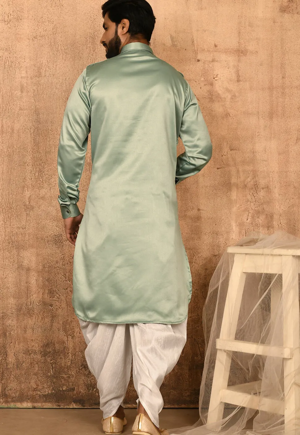 Solid Color Satin Pathani Suit in Pastel Green