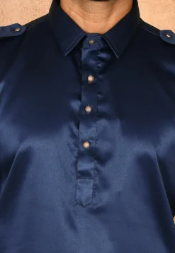 Solid Color Satin Pathani Suit in Navy Blue