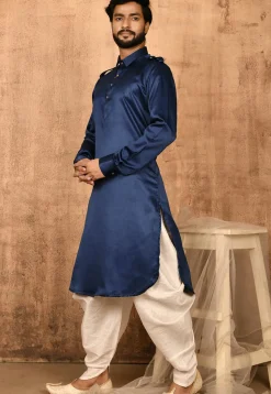 Solid Color Satin Pathani Suit in Navy Blue