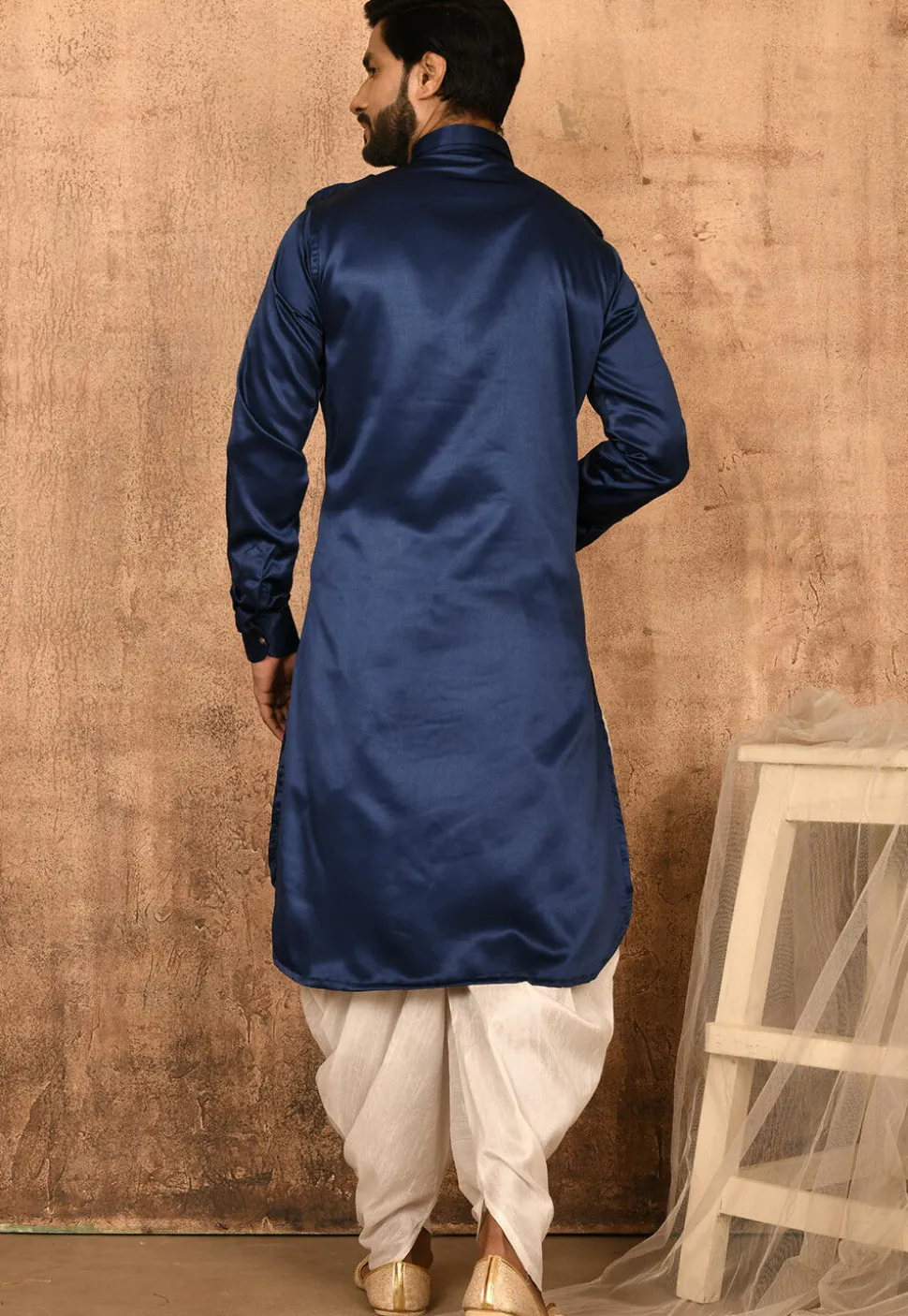 Solid Color Satin Pathani Suit in Navy Blue