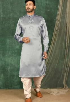 Solid Color Satin Pathani Suit in Grey