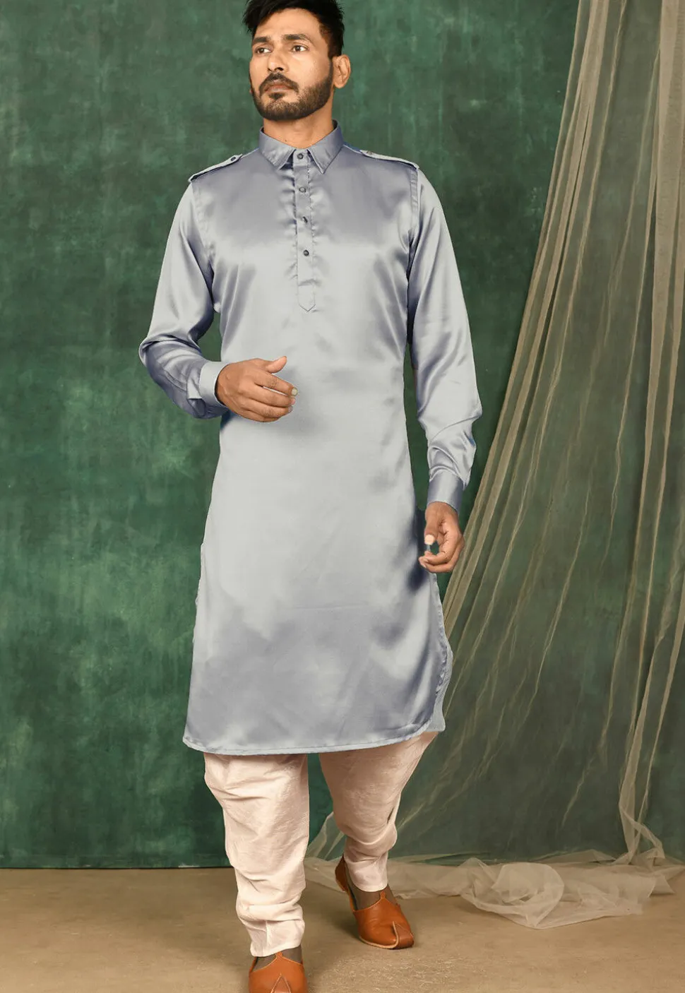 Solid Color Satin Pathani Suit in Grey