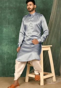 Solid Color Satin Pathani Suit in Grey
