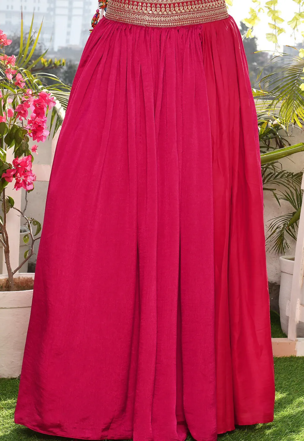 Solid Color Satin Silk A Line Skirt in Magenta