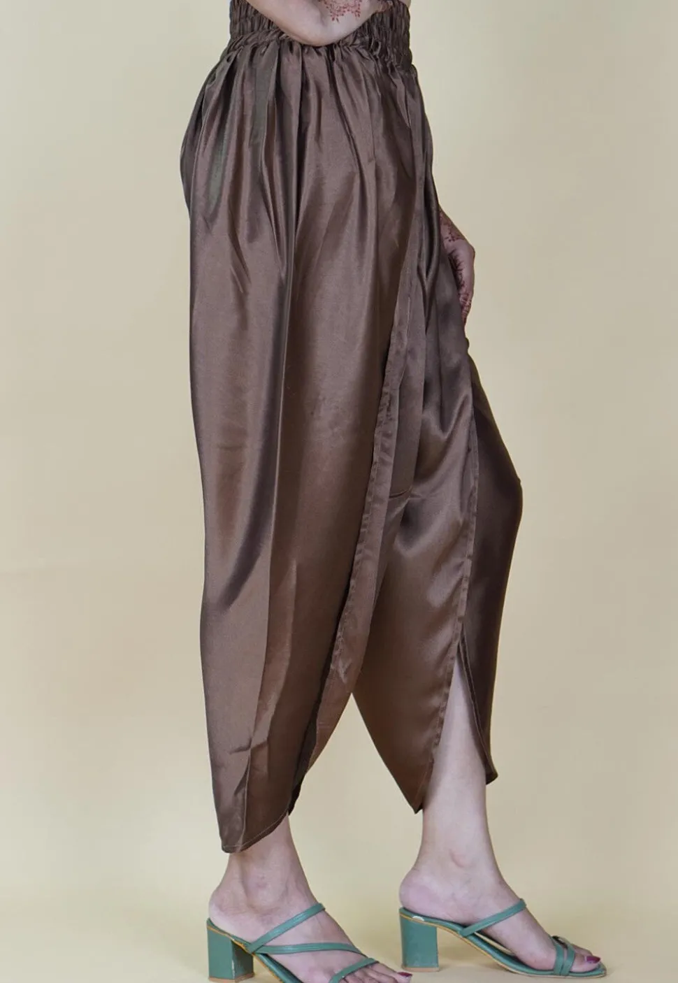 Solid Color Satin Tulip Pant in Brown