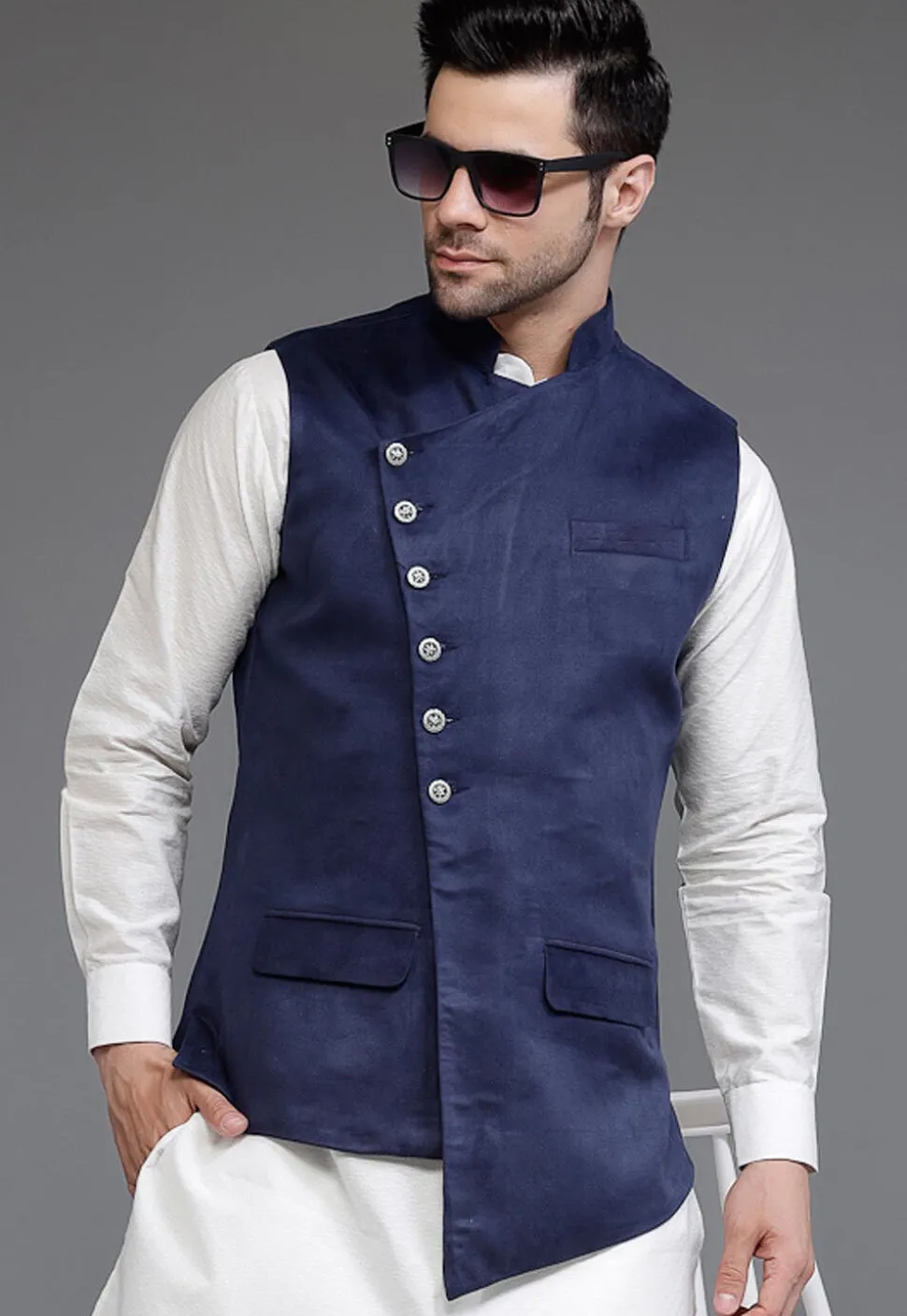 Solid Color Suede Asymmetric Nehru Jacket in Navy Blue