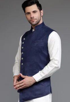 Solid Color Suede Asymmetric Nehru Jacket in Navy Blue