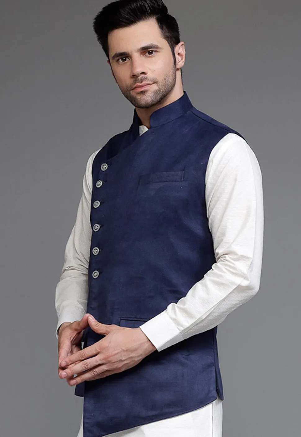 Solid Color Suede Asymmetric Nehru Jacket in Navy Blue