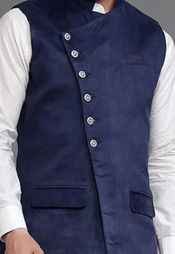Solid Color Suede Asymmetric Nehru Jacket in Navy Blue