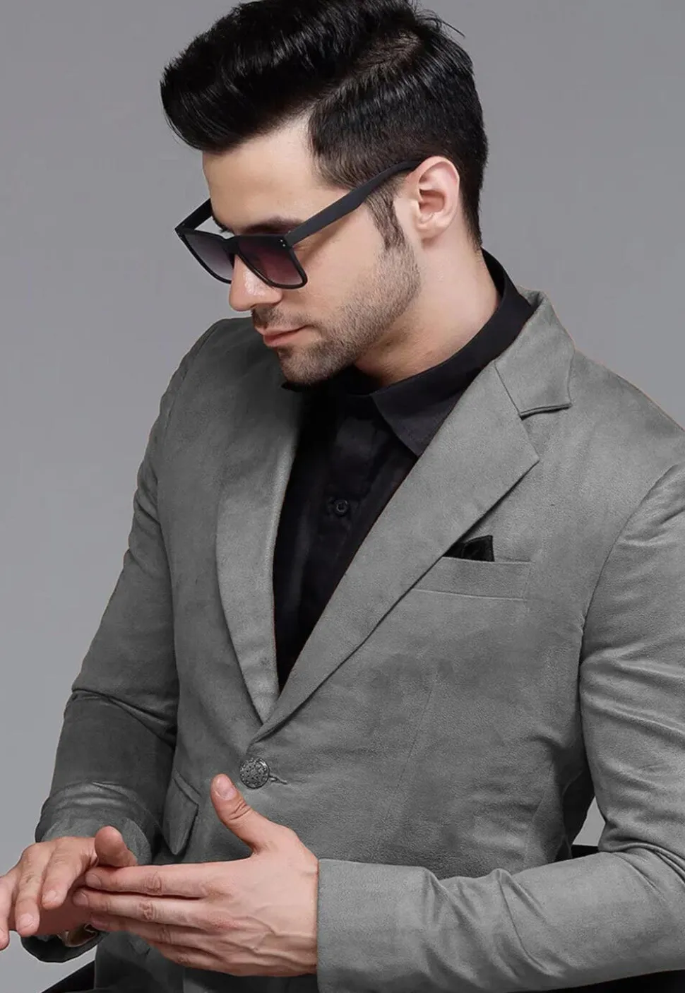Solid Color Suede Blazer in Grey